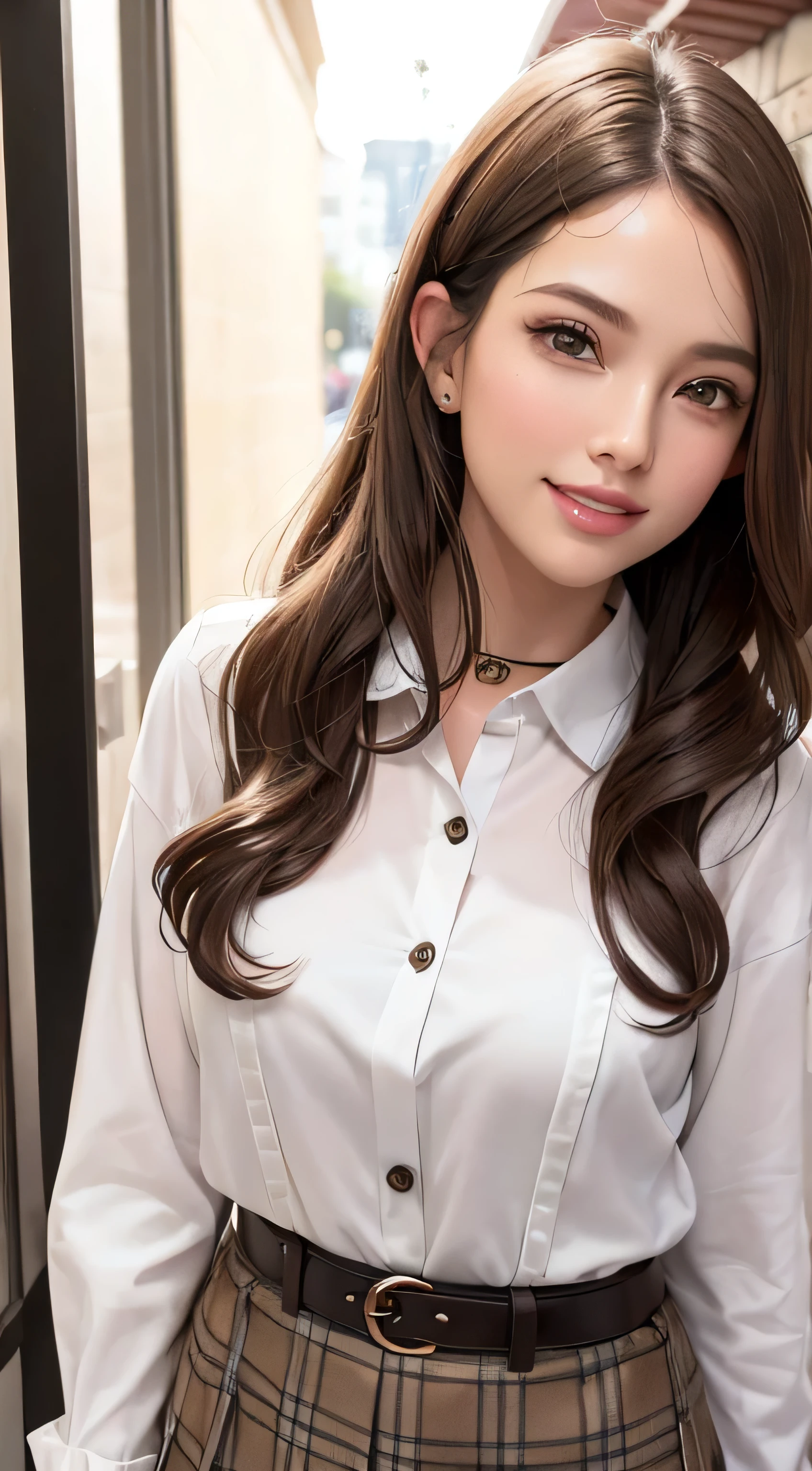 European and American women, Fashion Model, Glamour, Paparazzi take pictures of her, Blonde, Brown eyes, 8K, high quality, masterpiece, 最high quality, High resolution, Very detailed, Volumetric lighting, Realistic、((A shy smile:1.4))、(The eyes that see me:1.5)、Super long brown hair,Hair with loose waves insid、White long sleeve button up blouse_With collar_Remove up to the second button_Brown pleated mini skirt、