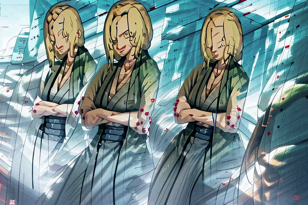 Tsunade Senju, Bela, masterpiece, extremely detaild, best qualityer, best ilumination, best shade, face perfect, shiny brown eyes, blue mark on forehead, wearing a gray kimono with a red belt and a green jacket, 1 girl, big boobies, big-ass, leaning forward looking at the viewer, em konoha,