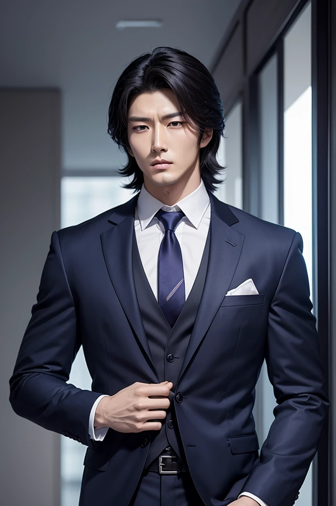 Korean manga style,  handsome sexy, long shoulders, serious face,  Cao Cao, brawny, in a suit 