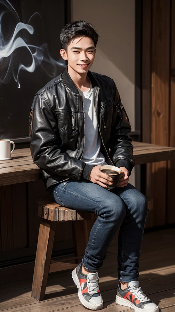 Realist 3D caricature, a young man, Indonesian face, wearing a black jacket, wearing jeans, wearing sneakers, sitting on a wooden chair, smiling, while carrying a cup of warm coffee, smoke effect, black rustic photography background, UHD, Hasselblad X1D II  50c Camera, iso 200