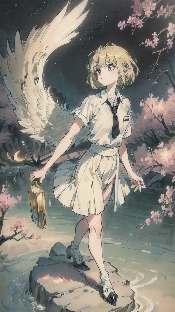 Anime girl standing on rocks on circular light background,20s,happy,white shirt,black standard tie,short sleeves,white school skirt,short hair,blonde hair,pointy ears,harpycpt,harpy,winged arms,bird legs,talons, anime style 4k, anime art wallpaper 8k, anime girl with space hair, anime art wallpaper 4k, anime art wallpaper 4k, anime wallpaper 4k, anime wallpaper 4k, fantastic anime, 4k anime wallpaper, anime moe art style, epic anime artwork, anime lighting、NSFW, (8K, RAW photo, highest quality, masterpiece:1.2), (realistic, Photoreal:1.37), super detailed, solo, beautiful detailed sky,near sky,cherry blossoms