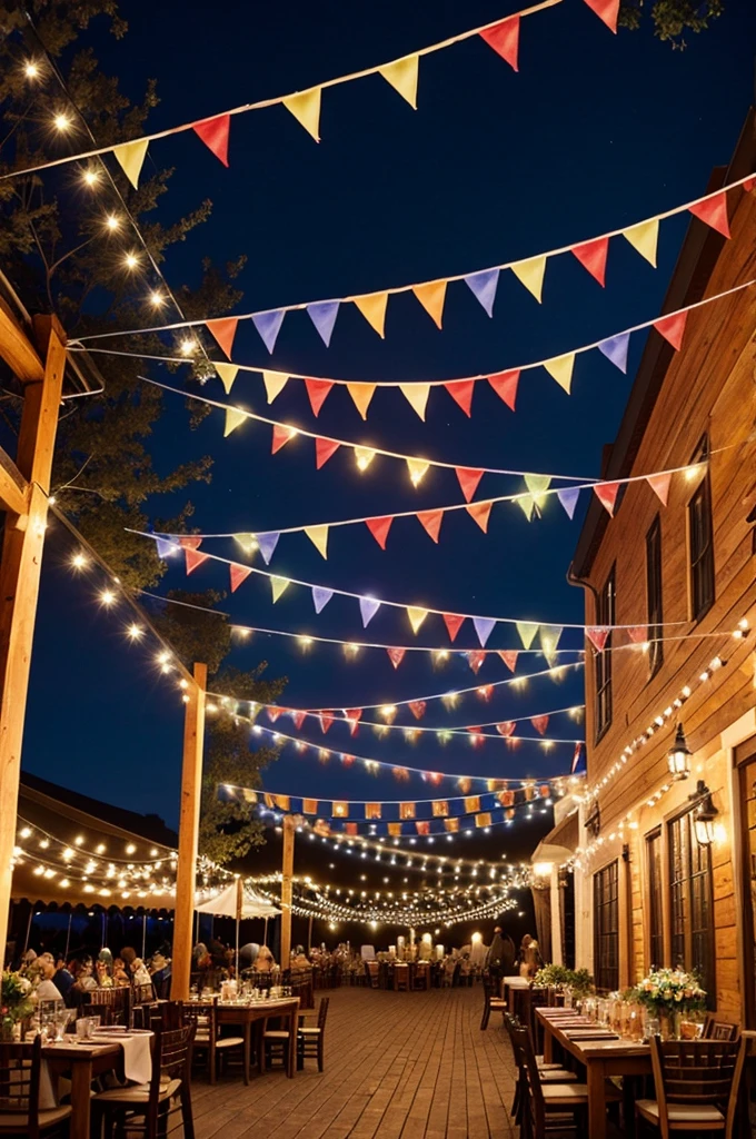 Outdoor celebration with music and food, in a patio, with decoration of colored pennants and lights, similar to a fair. That is not elegant, let it be something more rustic.