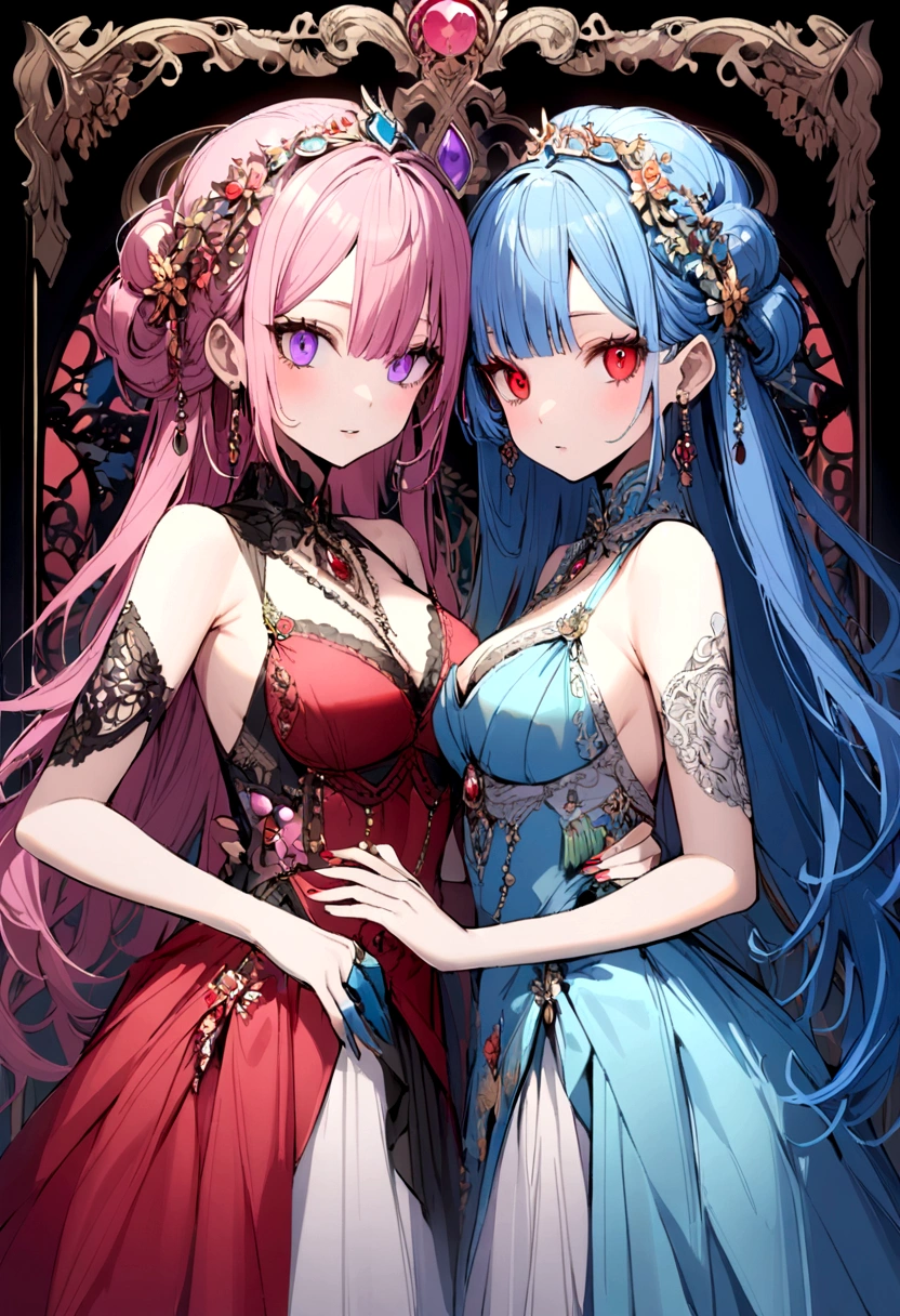 2 bff girls one in blue hair red eye and other with pink hair and purple eye