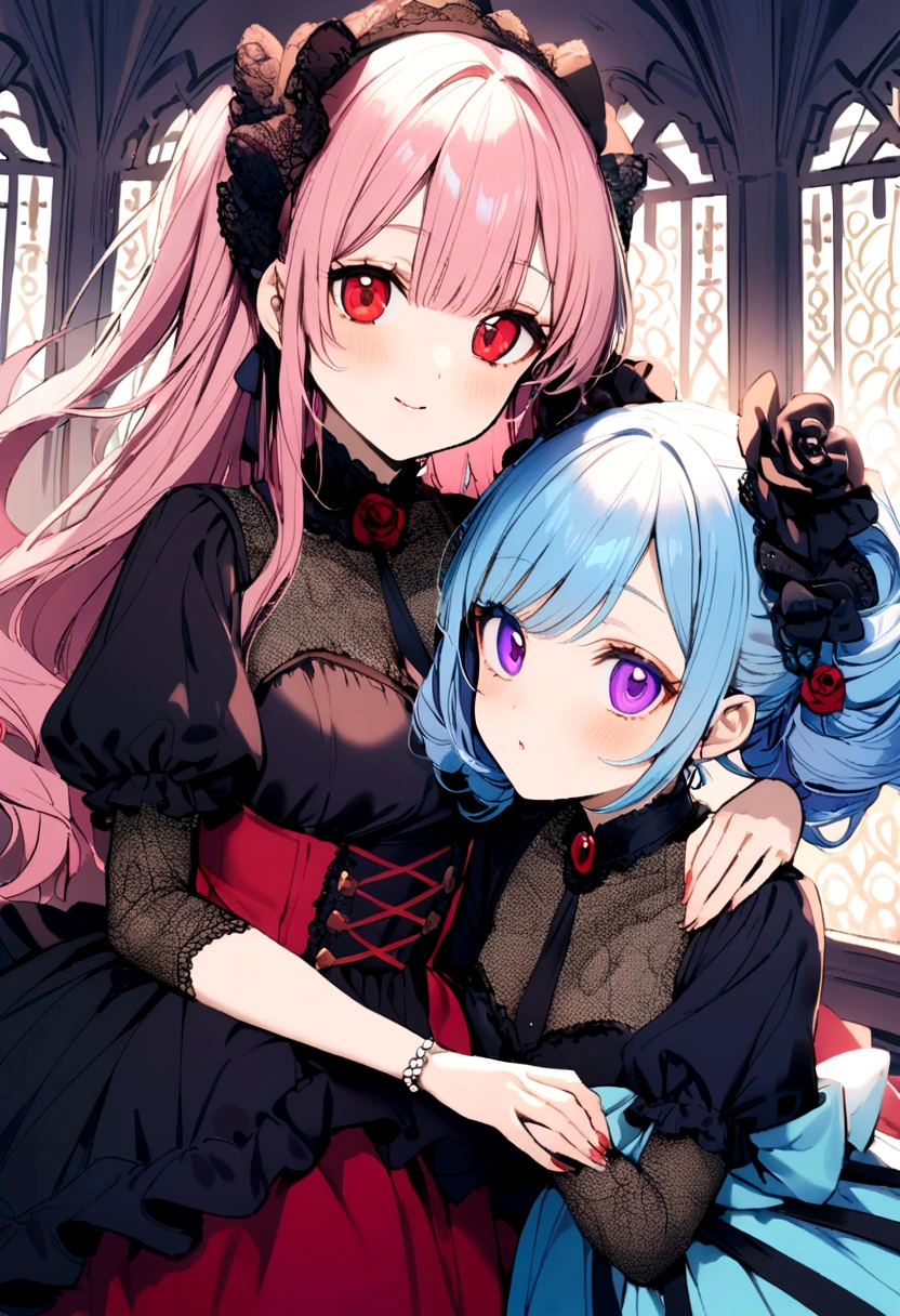 2 bff girls one in blue hair red eye and other with pink hair and purple eye