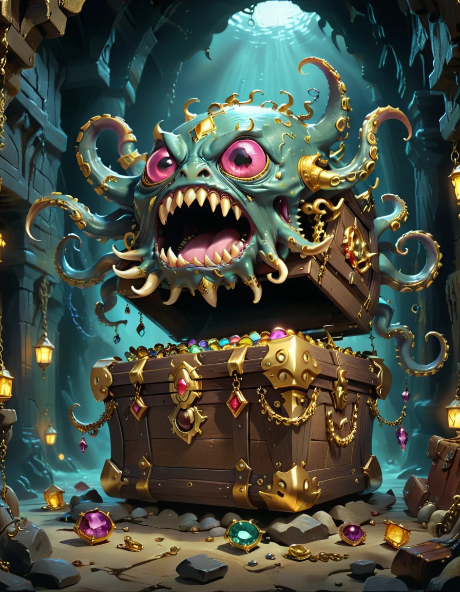 Dungeons，Floating in the air(Monster disguised as a treasure chest), Filled with jewels，1 eyes，One-Eye，Tongue，Tentacles， sharp claws and teeth, Very detailed, Complex design, Gorgeous gold embellishment, ,Ominous Presence, fantasy, Dark gloomy lights, Composition, Dramatic shadows, Rich colors, number, Concept Art, The award-winning，Luminescence example，Ray Tracing，Devout worshippers，