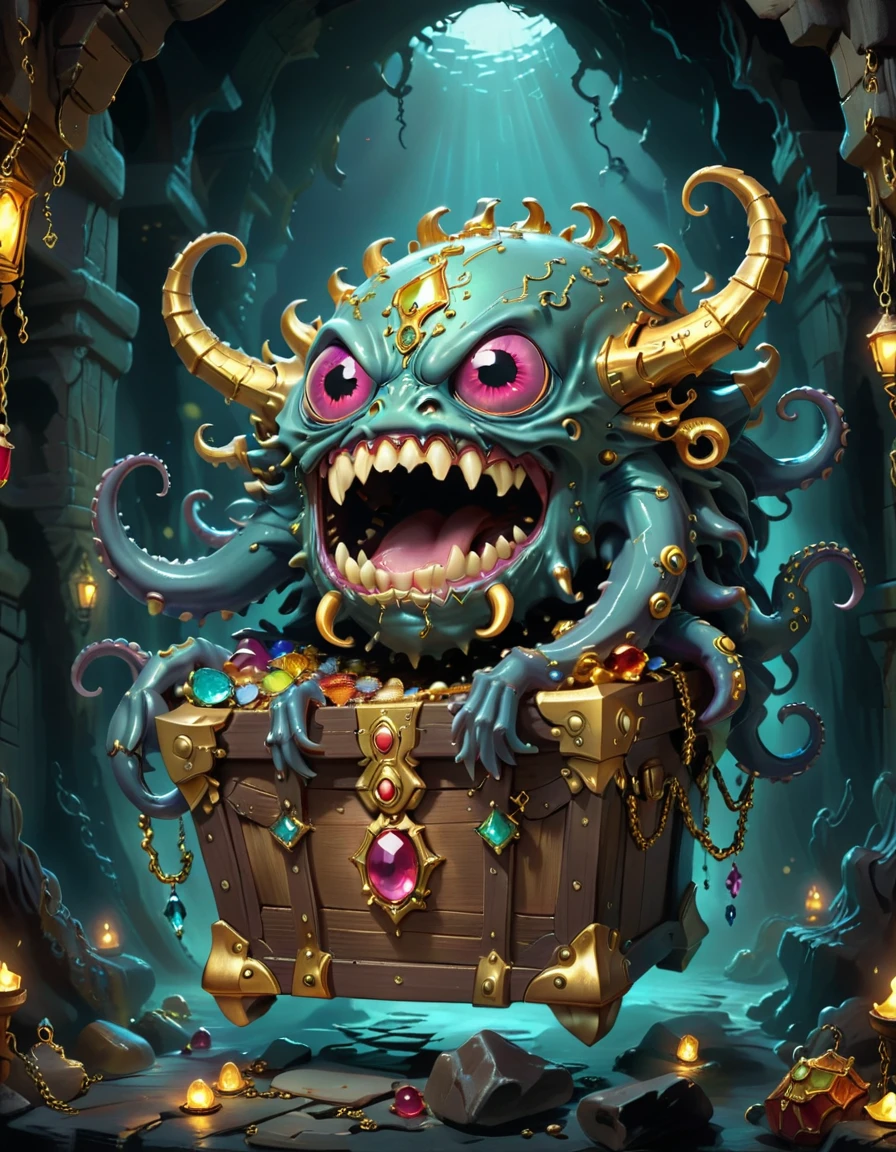 Dungeons,Floating in the air(Monster disguised as a treasure chest), Filled with jewels,1 eyes,One-Eye,Tongue,Tentacles, sharp claws and teeth, Very detailed, Complex design, Gorgeous gold embellishment, ,Ominous Presence, fantasy, Dark gloomy lights, Composition, Dramatic shadows, Rich colors, number, Concept Art, The award-winning,Luminescence example,Ray Tracing,Devout worshippers,
