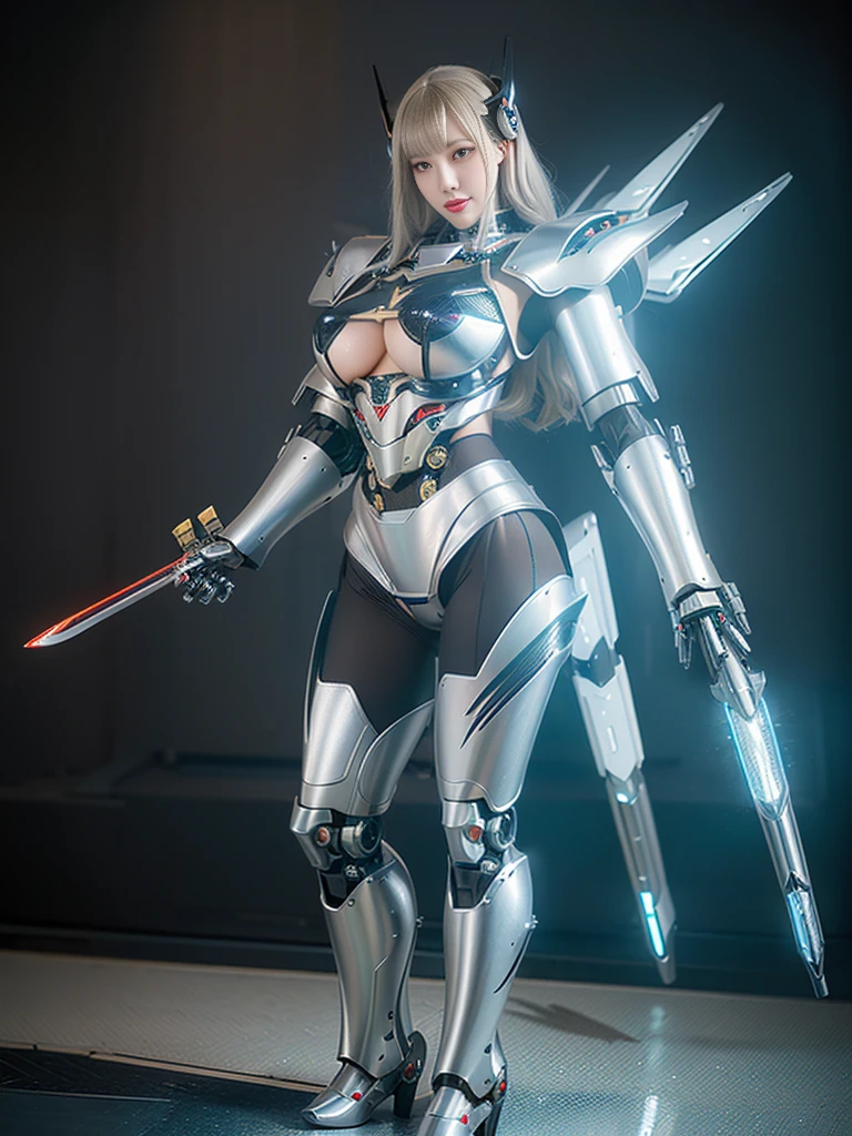 Super Detail, High Detail, high quality, best quality, High resolution，1 female robot，Beautiful female robot,beautiful clear face(Rain waves_haneame：1.5)， Mechanical body(Smooth metal surface，silver armor，Mechanical seams of skin，beautiful body curves)，Mechanical body structure,High-tech all over the body(mecha armor : 1.5)，Streamlined mechanical armor (Relatively thick，Highlight breast curves),cat ear antenna hair accessories，Mechanical parts damage