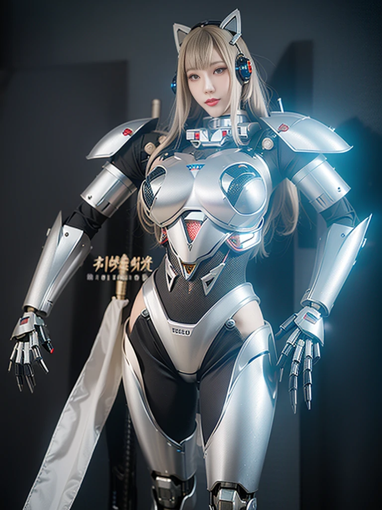 Super Detail, High Detail, high quality, best quality, High resolution，1 female robot，Beautiful female robot,beautiful clear face(Rain waves_haneame：1.5)， Realistic, High resolution, Soft Light,Hips up, (Detailed face), silver hair, long hair, Mecha Maiden, Colorful mechanical parts, mechanical joint, Thick mechanical armor,Weaponry, All metal body, Technology Antenna Hair Accessories