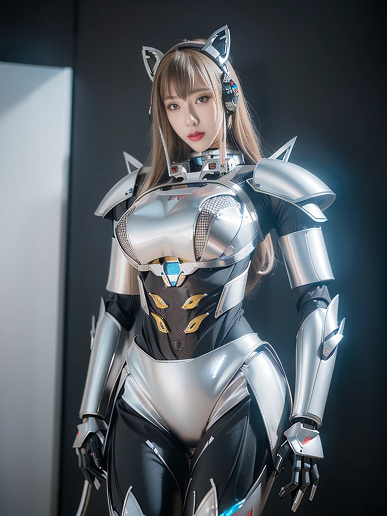 Super Detail, High Detail, high quality, best quality, High resolution，1 female robot，Beautiful female robot,beautiful clear face(Rain waves_haneame：1.5)， Mechanical body(Smooth metal surface，silver armor，Mechanical seams of skin，beautiful body curves)，Mechanical body structure,High-tech all over the body(mecha armor : 1.5)，Streamlined mechanical armor (Relatively thick，Highlight breast curves),cat ear antenna hair accessories，Mechanical parts damage