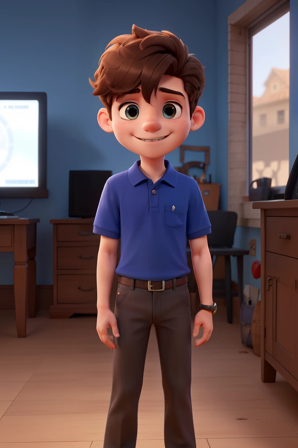 A boy with short brown hair combed to the side and wearing a blue polo shirt, arm crossed, smiling slightly while playing video games