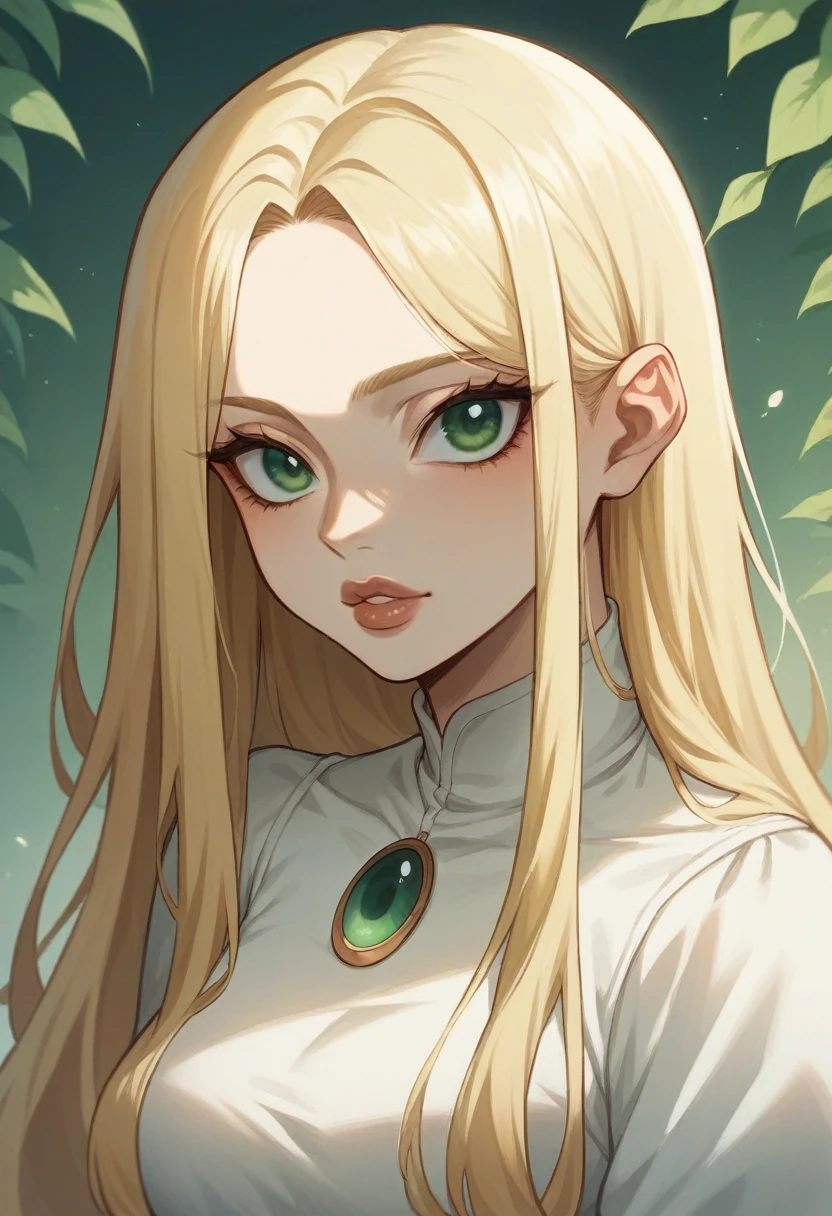 young girl, beautiful, tez blanca, blonde hair, long hair, thick lips, seductive look, green eyes, large eyes, voluptuous defined body, vestido de seda simple beige, anime style