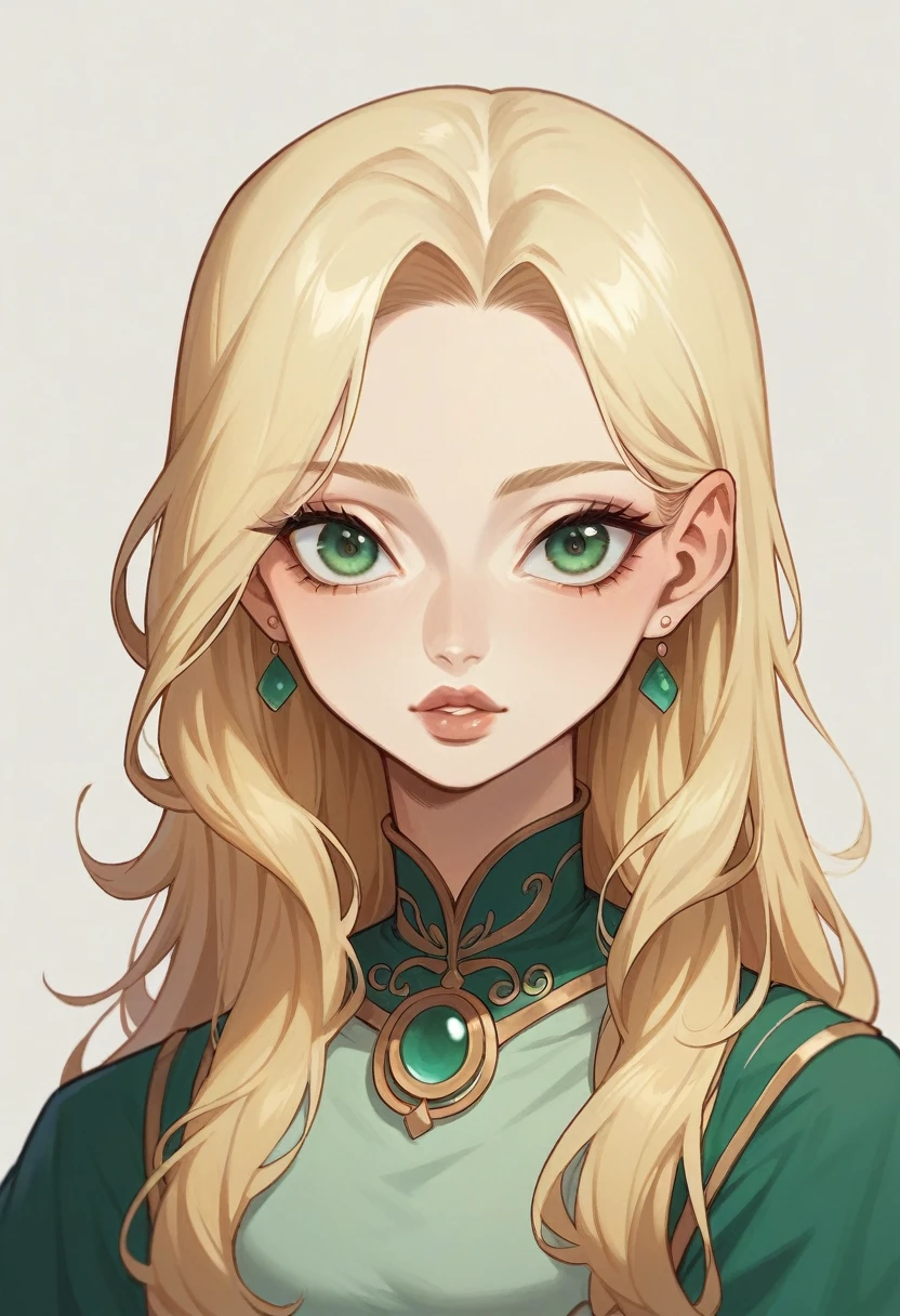 young girl, beautiful, tez blanca, blonde hair, long hair, thick lips, seductive look, green eyes, large eyes, voluptuous defined body, vestido de seda simple beige, anime style 