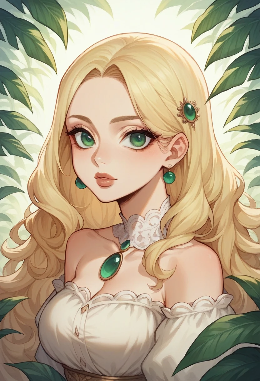 young girl, beautiful, tez blanca, blonde hair, long hair, thick lips, seductive look, green eyes, large eyes, voluptuous defined body, vestido de seda simple beige, anime style