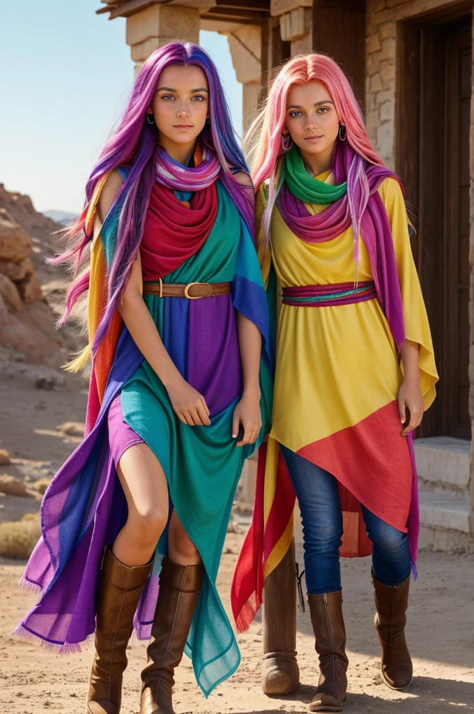 Create an image with Astra has long, multicolored hair, like a rainbow.
 * His eyes are big and bright, and change color depending on your mood.
 * Her skin is tanned and she has golden freckles..
 * Wear a loose, colorful tunic, with high boots and a scarf flowing in the wind.