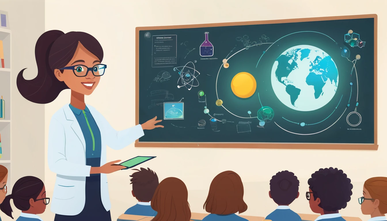 Create an illustration of a teacher using interactive technology to engage students in a science lesson.