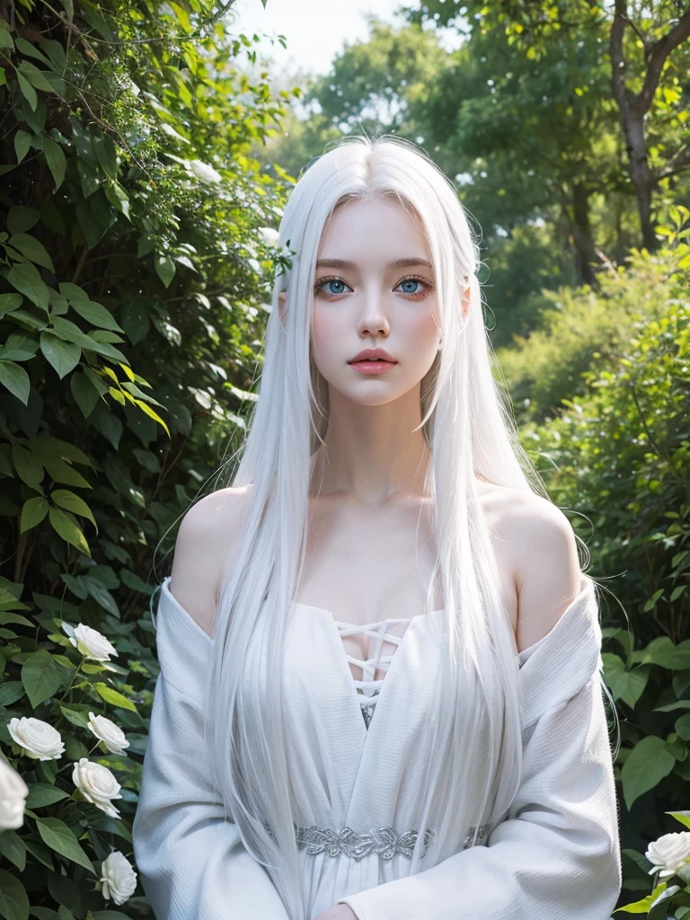 Long white hair, blue eyes, serious features, white skin, loose style, in a garden, with flowers , in the forest