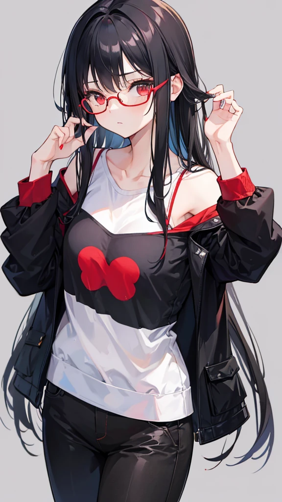 Girl with long black hair, Wearing a red pair of glasses