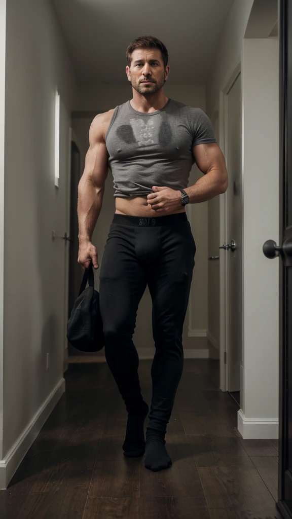 1 man, solo, 48 year old, Chris Redfield daddy, wearing a grey T-shirt, smirks, looking at the camera, black color on the shoulder and a bsaa logo on the shoulder, military tactical suit, equipment, tall and hunk, half naked, legs hairy, only wearing a black boxer, very huge bulge, black socks, no shoes,, biceps, abs, chest, best quality, masterpiece, high resolution:1.2, full body shot, dark black gloomy hallway with not background, focus on feet and black socks, sock fetish, kicking the camera, socks are close to the camera