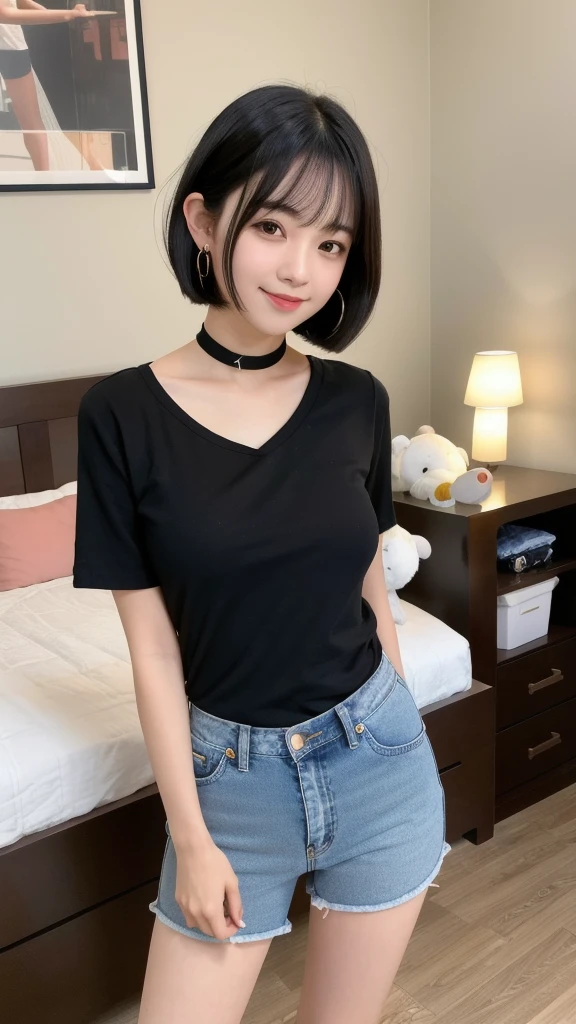 (8K, Realistic, RAW Photos, Highest quality: 1.4),Japanese idol-style beautiful girl,1 person,18-year-old,(Hairstyle(Very Short Bob,Black,Center Parting)),The forehead is visible,She has her hair tucked behind her ears,Large, clear grey eyes,Long eyelashes,(piercings(small)),(Lip gloss),lips(Plump,glossy),choker,(Tunic(Short sleeve,Hemming out,Long length)),(Skin-tight 3/4 length jeans),Long legs,barefoot,Her Room,(On the bed(Are standing,Large stuffed animal)),Smiling at the camera,Front view,Full body portrait
