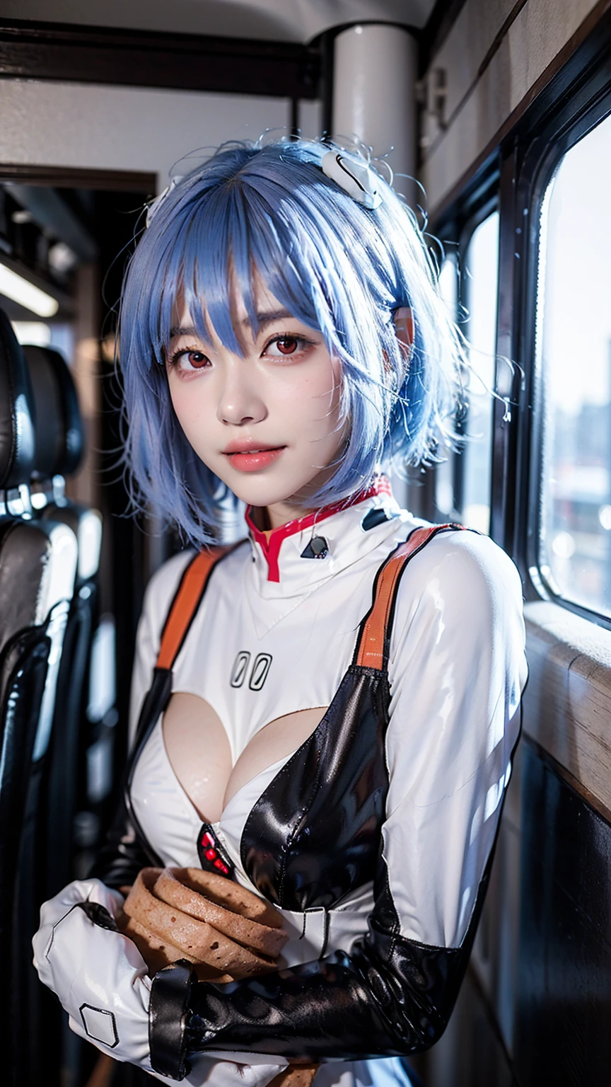 (One Girl:1.3), Japanese high school students, Great face and eyes, Looking into the camera, A joyful smile、Showing teeth、 (Highest quality:1.4), Very detailed CG 統合 8k 壁紙, Very detailed, 高解像度のRAWカラーphotograph, プロのphotograph撮影, Realistic full boDy shot, Studio shot、Portrait of sexy girl, Open appearance, Ultra-high resolution,Highest quality,photograph,4K,(Realistic:1.2),One Girl,:D,ayanami_Cosplay_Costume,Plug Suit,Blue Hair,Ayanami Rei,Pilot Suit,Cosplay,Interface Headset,Hair Pod,gloves,Braces,Perfect fit for your skin,(Short Hair:1.8)、slim、on the train、Dark Eyes、Cleavage