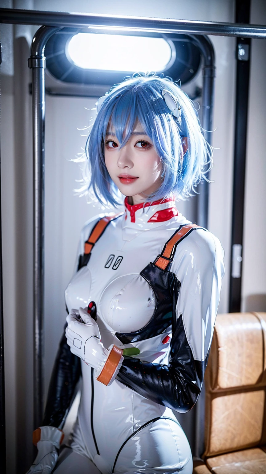 (One Girl:1.3), Japanese high school students, Great face and eyes, Looking into the camera, A joyful smile、Showing teeth、 (Highest quality:1.4), Very detailed CG 統合 8k 壁紙, Very detailed, 高解像度のRAWカラーphotograph, プロのphotograph撮影, Realistic full boDy shot, Studio shot、Portrait of sexy girl, Open appearance, Ultra-high resolution,Highest quality,photograph,4K,(Realistic:1.2),One Girl,:D,ayanami_Cosplay_Costume,Plug Suit,Blue Hair,Ayanami Rei,Pilot Suit,Cosplay,Interface Headset,Hair Pod,gloves,Braces,Perfect fit for your skin,(Short Hair:1.8)、slim、on the train、Dark Eyes、Cleavage