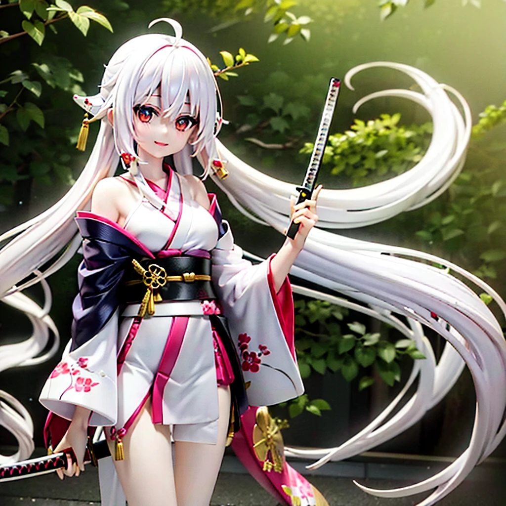 Anime girl, Long white hair, pale skin, white eyes, long white kimono, katana in hand, smiling