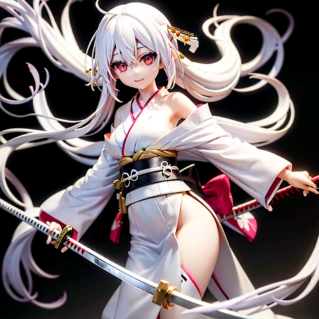 Anime girl, Long white hair, pale skin, white eyes, long white kimono, katana in hand, smiling