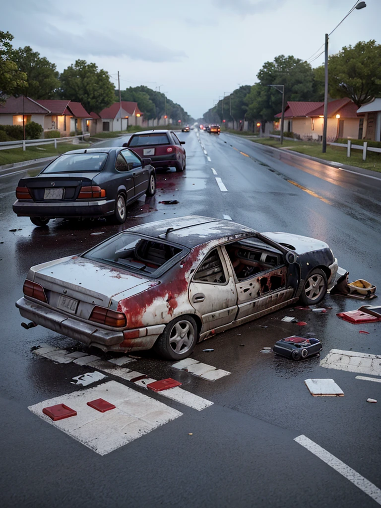 The image depicts a devastating scene on a dark, rain-soaked road.. In the center of the scene, there is a badly damaged car, with the dented doors and the shattered windshield. Ao lado do carro, a ager is lying on the floor, with a beer bottle fallen near him and spilling its contents. Your face is pale and your eyes are half closed, showing signs of injury and unconsciousness. Around it, there is wreckage from the accident scattered across the road.