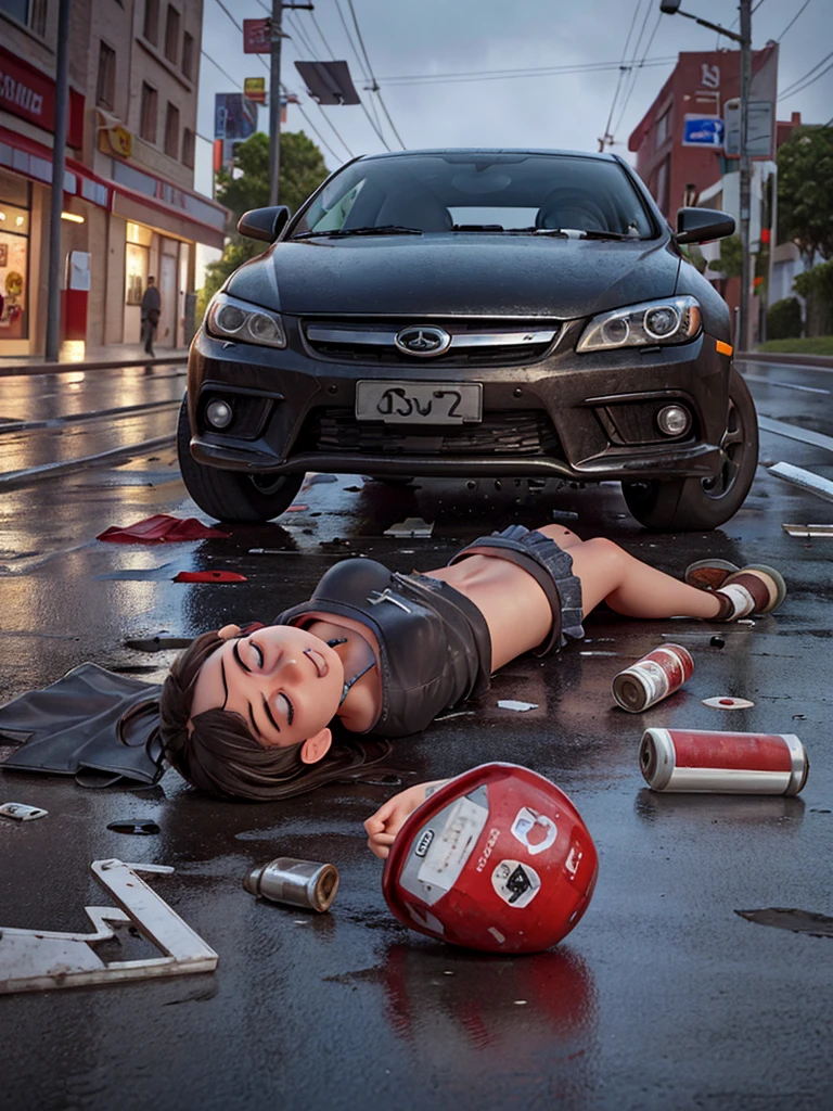The image depicts a devastating scene on a dark, rain-soaked road.. In the center of the scene, there is a badly damaged car, with the dented doors and the shattered windshield. Ao lado do carro, a ager is lying on the floor, with a beer bottle fallen near him and spilling its contents. Your face is pale and your eyes are half closed, showing signs of injury and unconsciousness. Around it, there is wreckage from the accident scattered across the road.