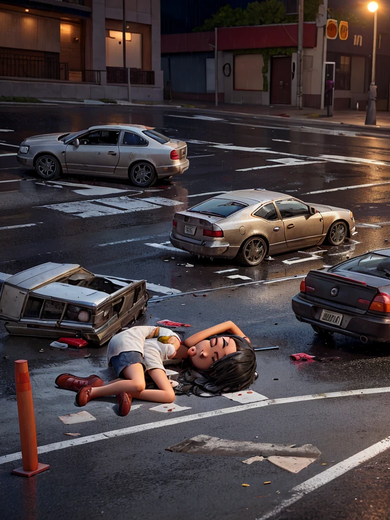 In cartoon create an image shows a dark and rainy road with a car destroyed after an accident. An injured and unconscious teenager is lying on the ground next to the car, with a bottle of beer spilled next to him. Ambulances and police cars are in the background, with rescuers rushing to help. The scene highlights the fatal consequences of drinking and driving.