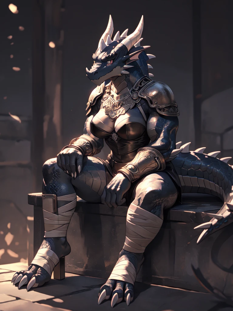 solo, kemono, (dragon), anthro, female, ((black body)), scales, tail, muscles, medium breasts, leather armor, breast plate, sitting, nose ring piercing, toe claws, bandaged feet, depth of field,(best quality)