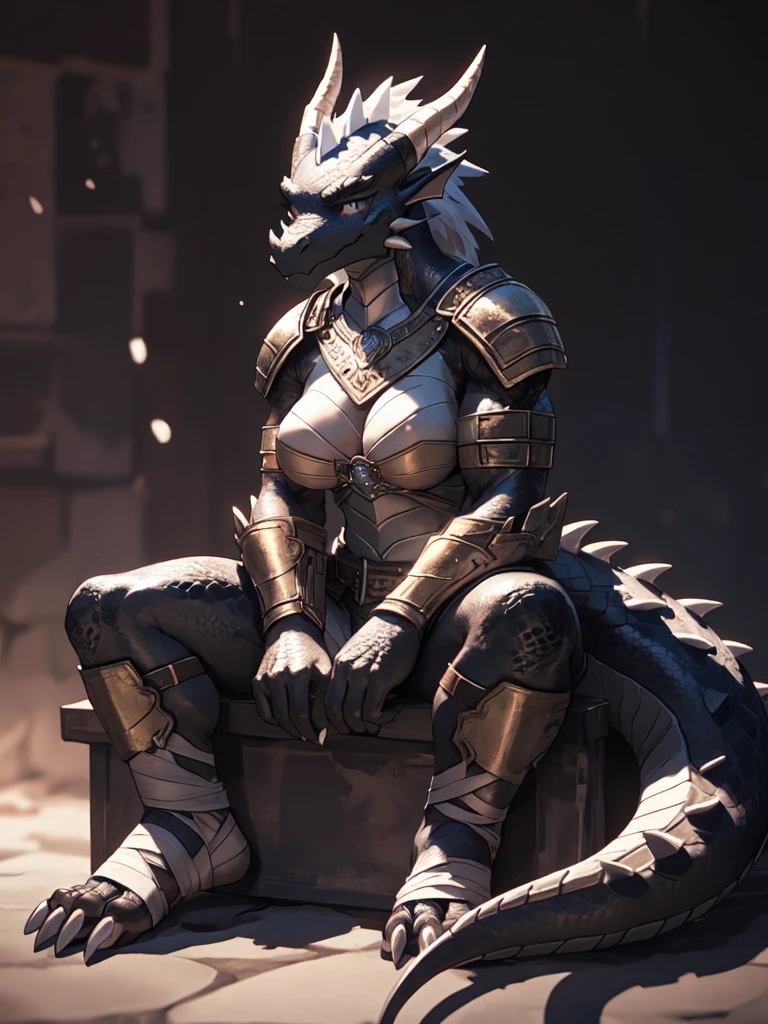 solo, kemono, (dragon), anthro, female, ((black body)), scales, tail, muscles, medium breasts, leather armor, breast plate, sitting, nose ring piercing, toe claws, bandaged feet, depth of field,(best quality)