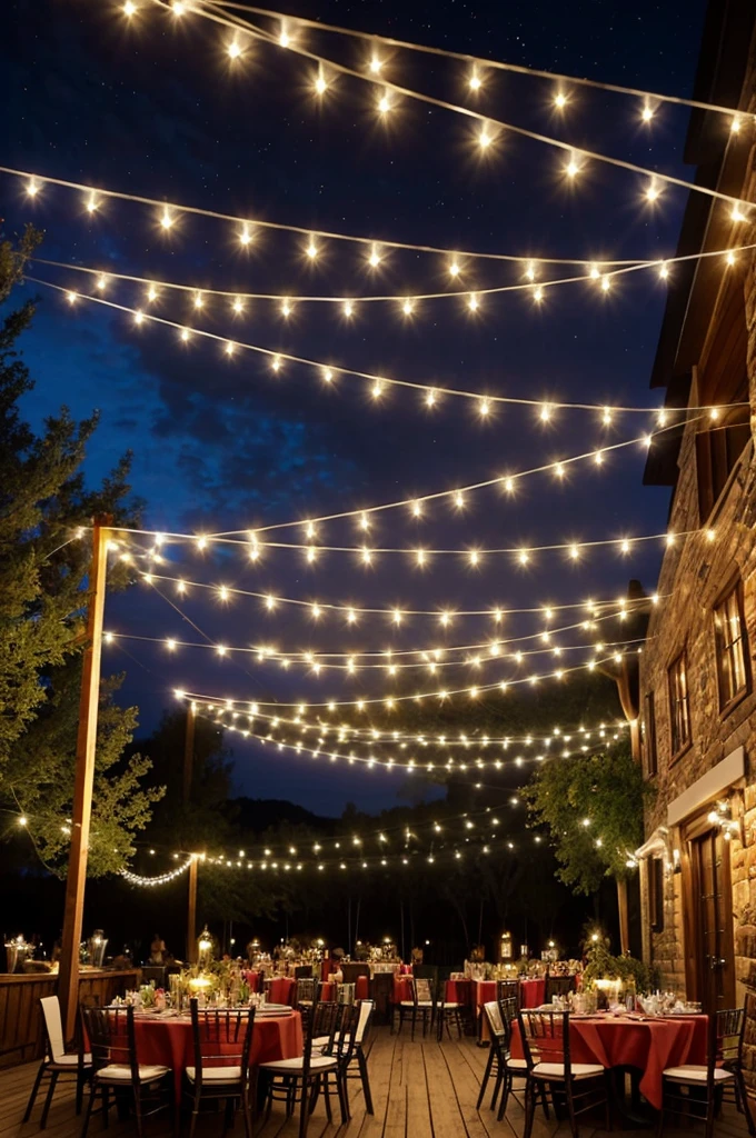 Outdoor celebration with music and food, in a patio, with decoration of colored pennants and lights, similar to a fair but without tables or chairs. That is not elegant, let it be something more rustic.