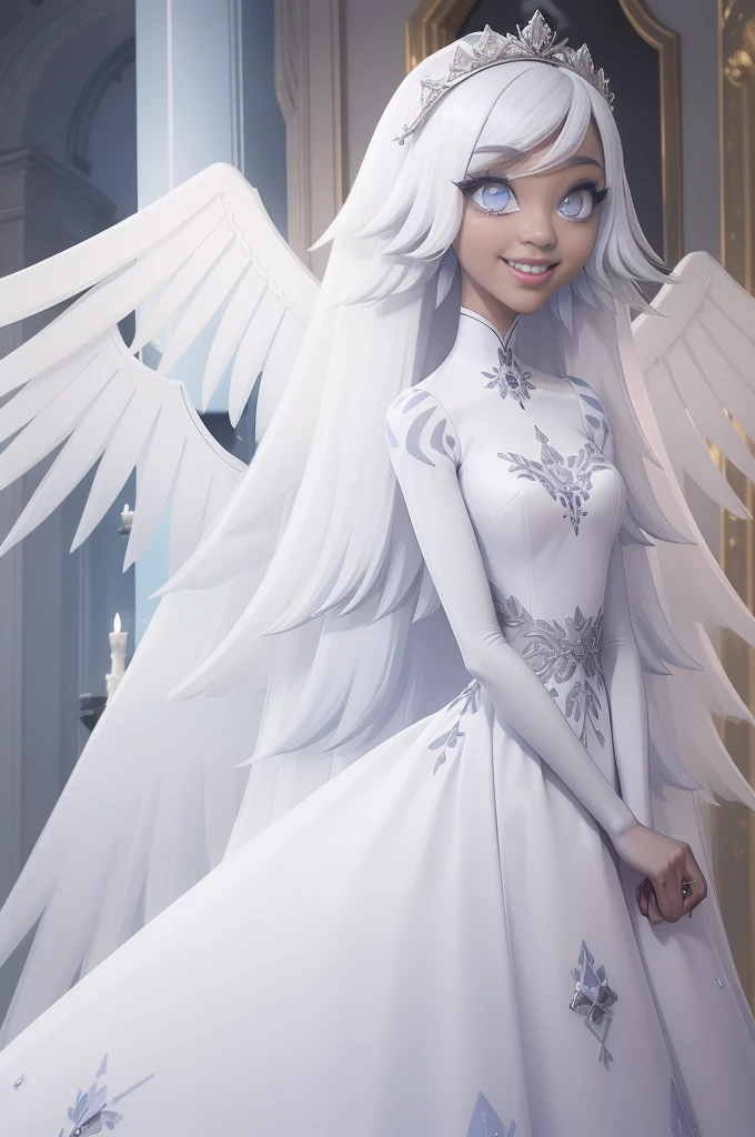 Emily, angel, angel wings, halo, long hair, smile, blue eyes, white hair, (grey skin:1.2), colored skin, light blue sclera, very long hair, white dress, open mouth, Bride with and isset Mikaye inspured wedding gown, imperial cut, drapped fabric, long sleeves with wide ends anf shoulder puff, low neckline, creamy whitein colour, silver jewelry,  small bouquet of pink and apricot flowerS, romantic hairstyle, medium long veil, garden as background, natural soft sunlight.