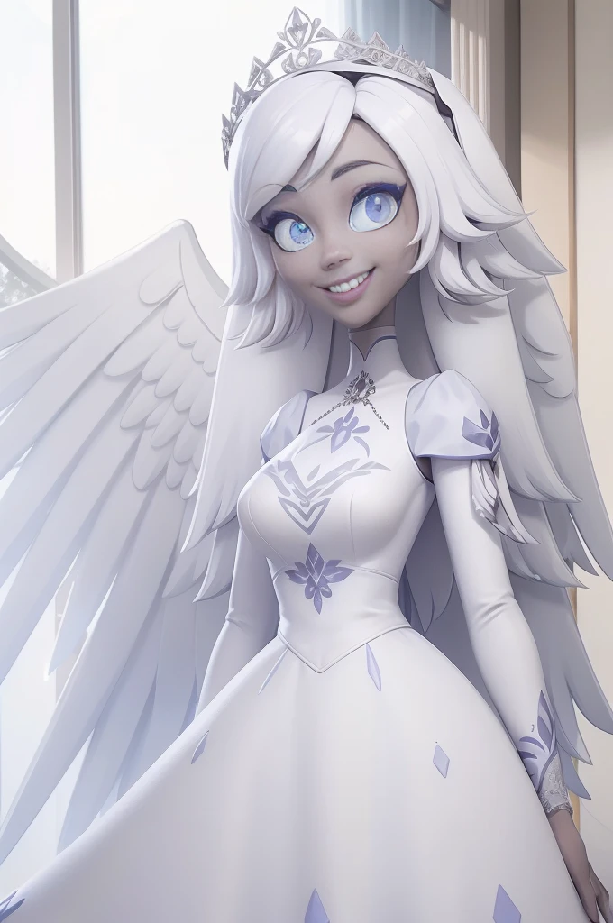 Emily, angel, angel wings, halo, long hair, smile, blue eyes, white hair, (grey skin:1.2), colored skin, light blue sclera, very long hair, white dress, open mouth, Bride with and isset Mikaye inspured wedding gown, imperial cut, drapped fabric, long sleeves with wide ends anf shoulder puff, low neckline, creamy whitein colour, silver jewelry,  small bouquet of pink and apricot flowerS, romantic hairstyle, medium long veil, garden as background, natural soft sunlight.