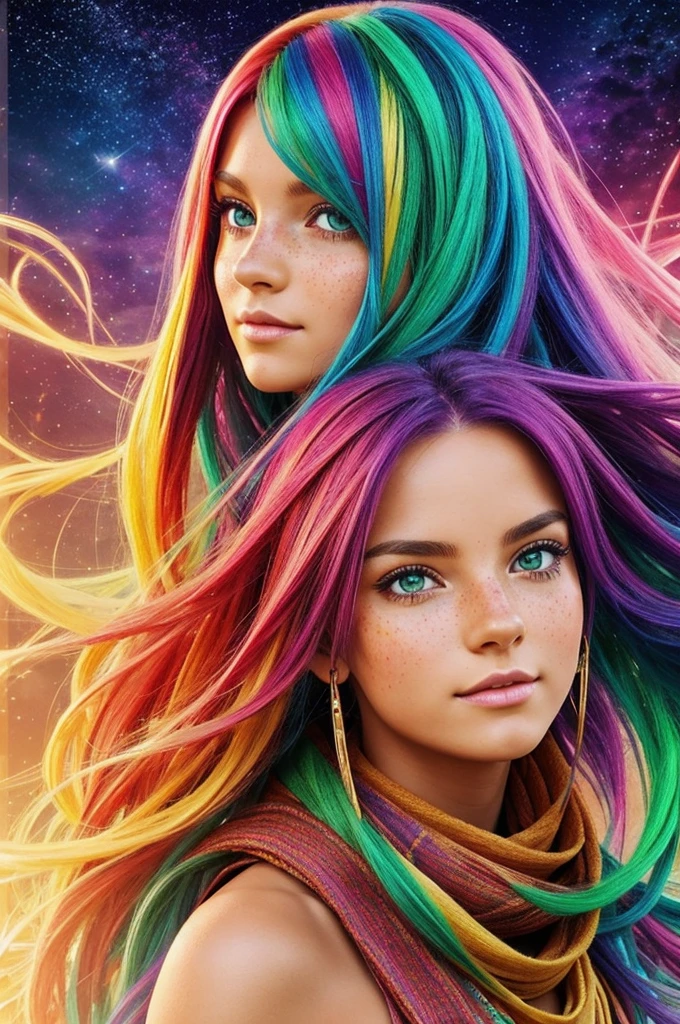 Create an image with Astra has long, multicolored hair, like a rainbow.
 * His eyes are big and bright, and change color depending on your mood.
 * Her skin is tanned and she has golden freckles..
 * Wear a loose, colorful tunic, with high boots and a scarf flowing in the wind.
anime style 