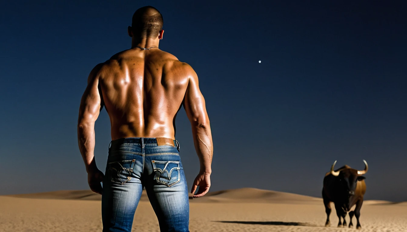 a naked torso European man in jeans and muscular, back to camera, in front of him a great bull black as the night, in a flat desert