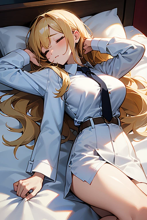 In the bed、sleep、Blonde medium-long hair、beautiful girl、Big Breasts、high school girl、shirt、White Shirt、tie、sleeves roll up、torn cloths、slender