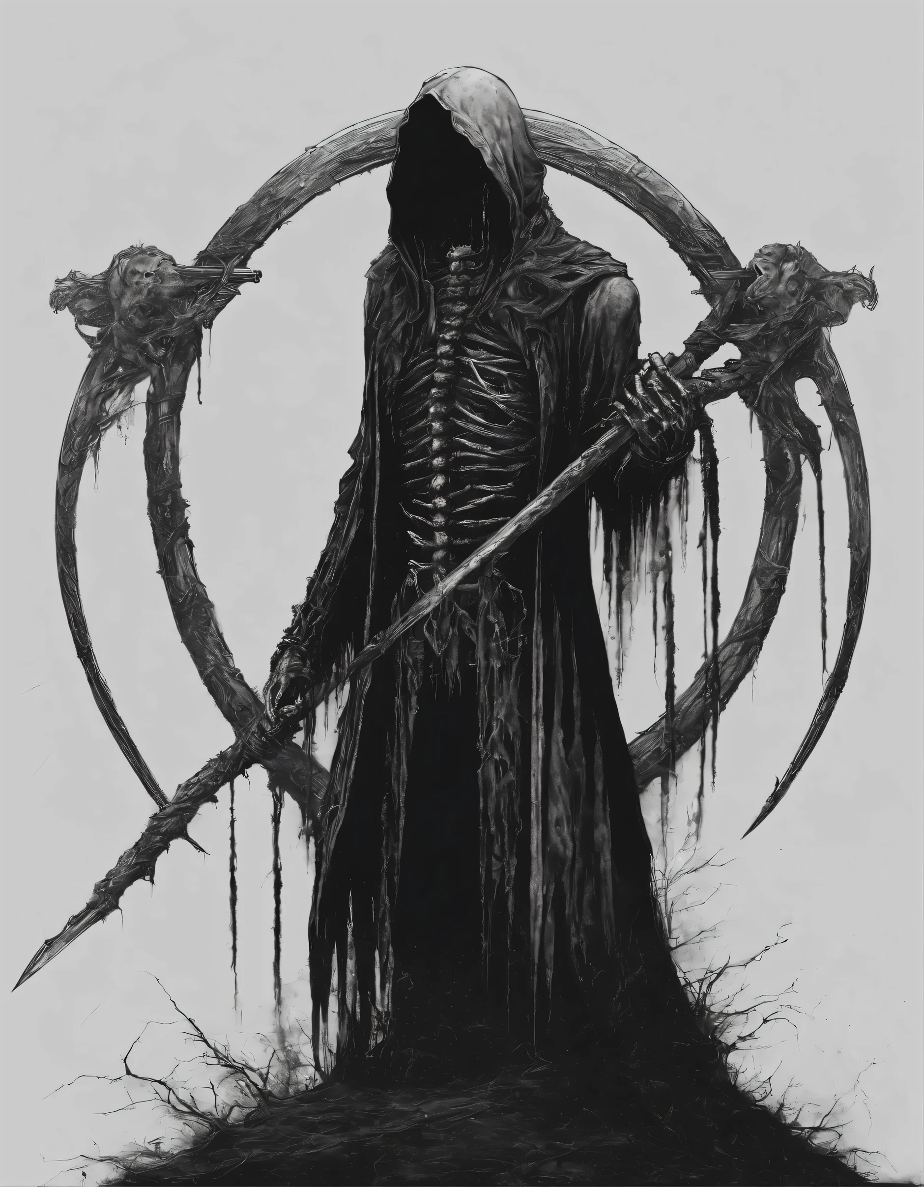 black and white drawing of a grimy grimy character holding a scythe, skeleton body, scythe design, mark riddick, just art for dark metal music, black metal band logo, grim reaper, scythe, detailed cover artwork, reaper, black metal logos, grim, the grim reaper, vvitch, eerie and grim art style, the harbringer of death, dark fantasy art, metal illustrator