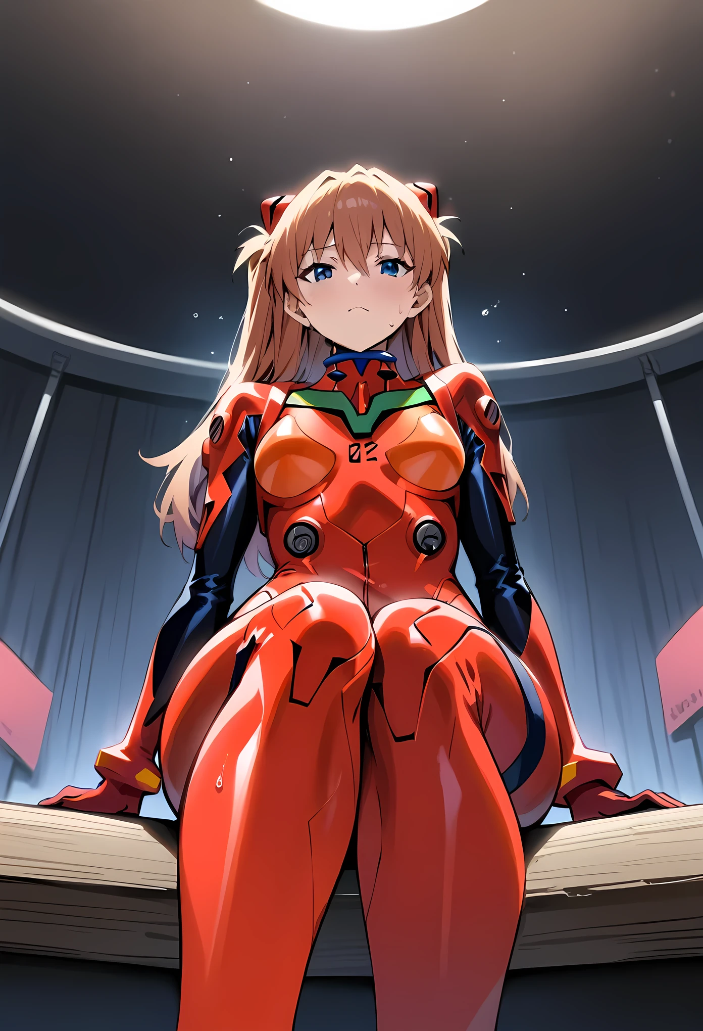 masterpiece, best quality, very aesthetic, absurdres, pov, pantyhose, sitting, (from below:1.25),sweat, ,souryuu asuka langley, neon genesis evangelion, rebuild of evangelion, plugsuit, pilot suit, red bodysuit,,on stage