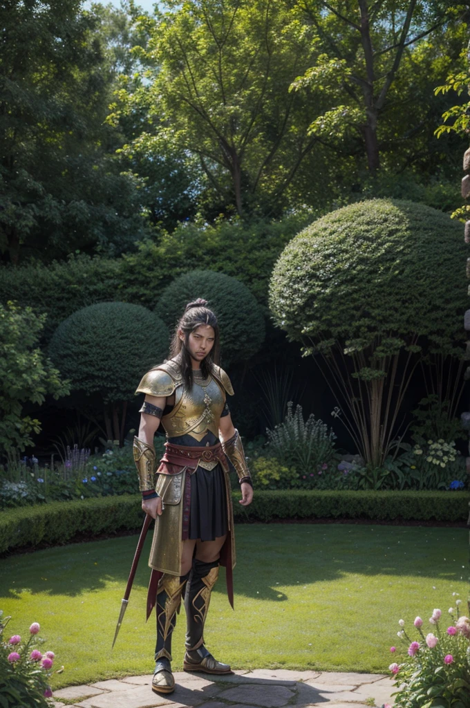 make a picture of a warrior in a garden