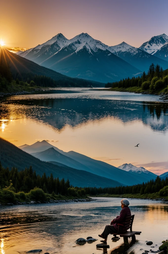 An old woman sits on a wooden bench in a serene mountain clearing. The sun sets behind forest-covered peaks. Many flock of birds glide overhead, and a fast-flowing river.