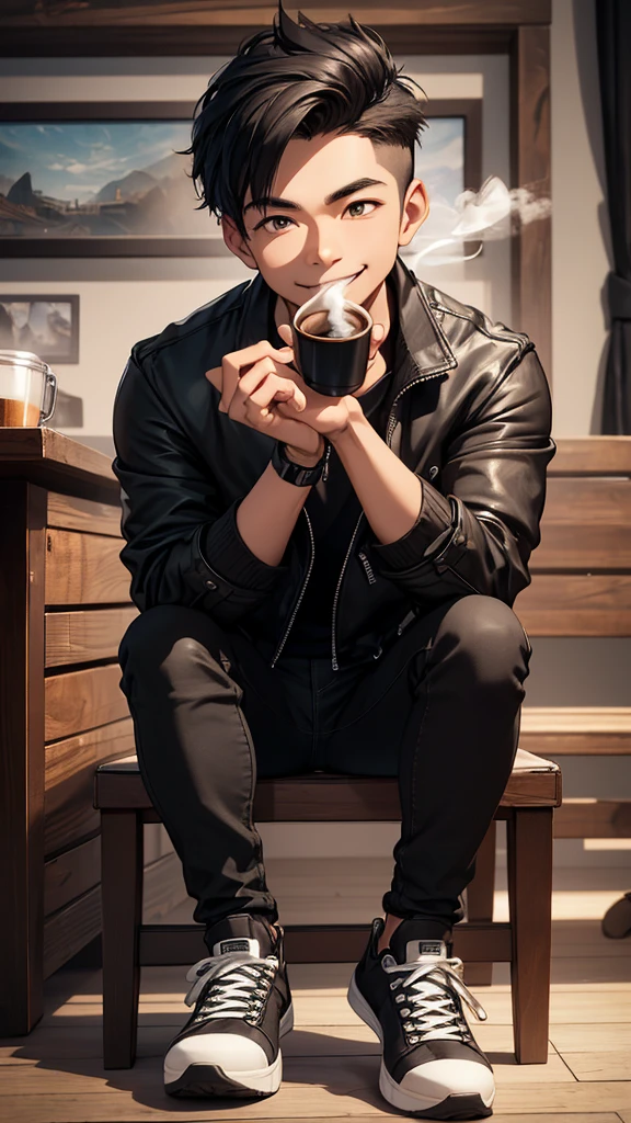 Realist 3D caricature, a young man, Indonesian face, wearing a black jacket, wearing jeans, wearing sneakers, sitting on a wooden chair, smiling, while carrying a cup of warm coffee, smoke effect, black rustic photography background, UHD, Hasselblad X1D II 50c Camera, iso 200