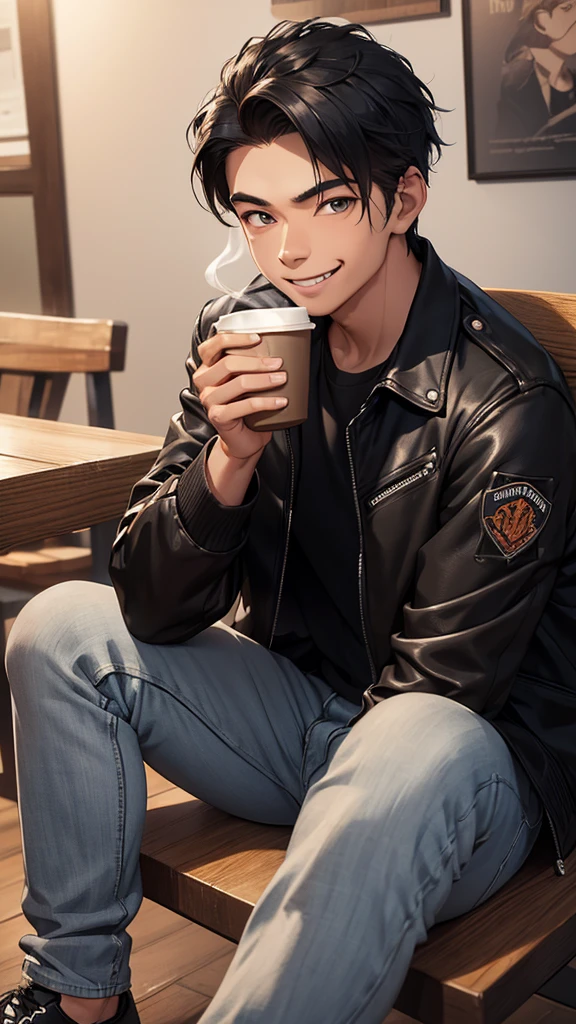 Realist 3D caricature, a young man, Indonesian face, wearing a black jacket, wearing jeans, wearing sneakers, sitting on a wooden chair, smiling, while carrying a cup of warm coffee, smoke effect, black rustic photography background, UHD, Hasselblad X1D II 50c Camera, iso 200
