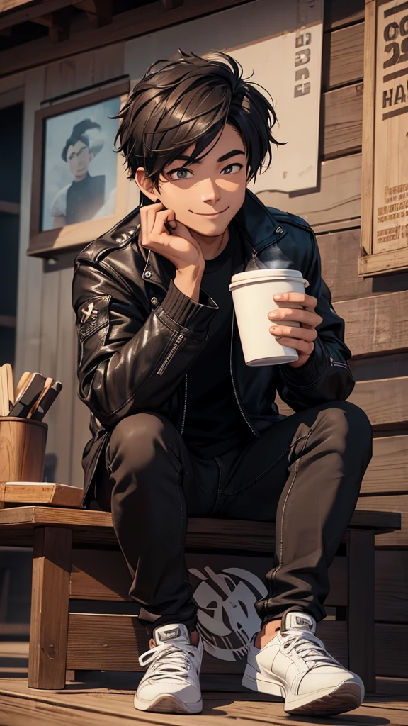 Realist 3D caricature, a young man, Indonesian face, wearing a black jacket, wearing jeans, wearing sneakers, sitting on a wooden chair, smiling, while carrying a cup of warm coffee, smoke effect, black rustic photography background, UHD, Hasselblad X1D II 50c Camera, iso 200
