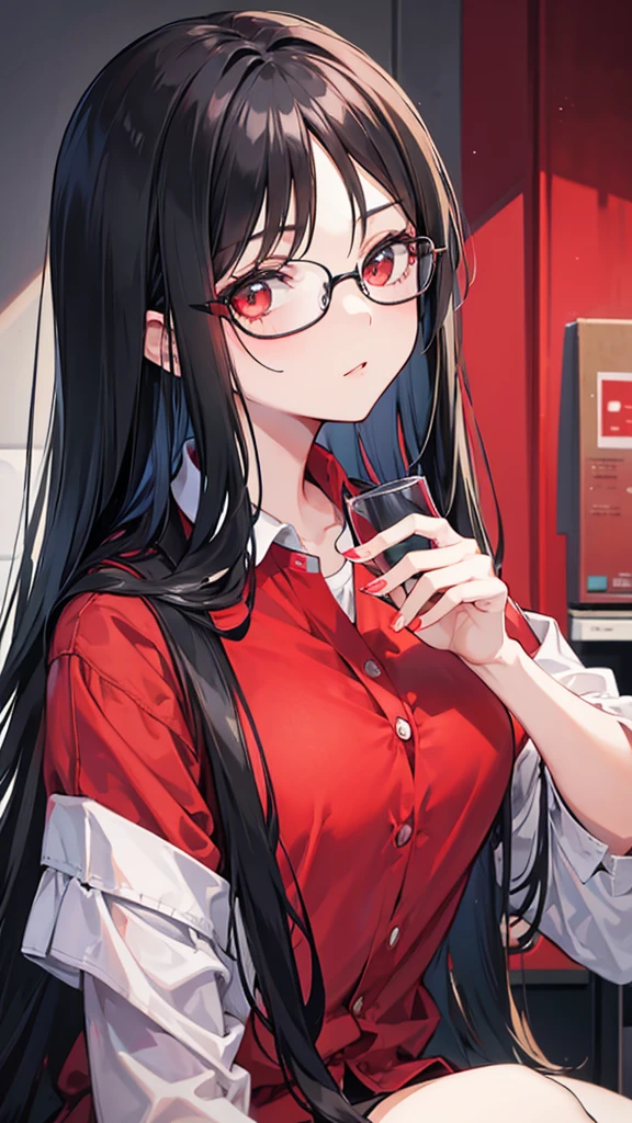 Girl with long black hair, Wearing a red pair of glasses