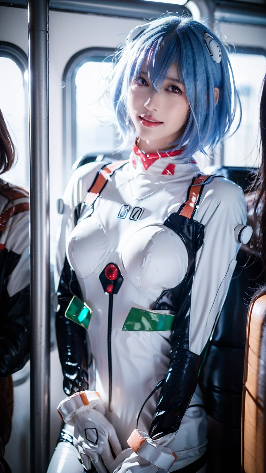 (One Girl:1.3), Japanese high school students, Great face and eyes, Looking into the camera, A joyful smile、Showing teeth、 (Highest quality:1.4), Very detailed CG 統合 8k 壁紙, Very detailed, 高解像度のRAWカラーphotograph, プロのphotograph撮影, Realistic full boDy shot, Studio shot、Portrait of sexy girl, Open appearance, Ultra-high resolution,Highest quality,photograph,4K,(Realistic:1.2),One Girl,:D,ayanami_Cosplay_Costume,Plug Suit,Blue Hair,Ayanami Rei,Pilot Suit,Cosplay,Interface Headset,Hair Pod,gloves,Braces,Perfect fit for your skin,(Short Hair:1.8)、slim、on the train、Dark Eyes、Cleavage