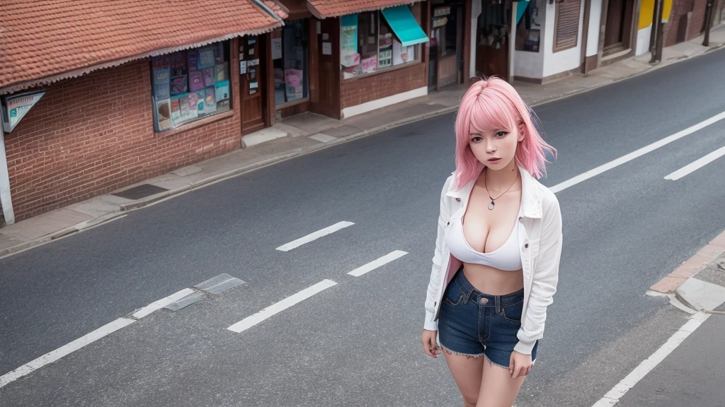 20 years old woman in a country town, top view, neon urban outfit, pink hair, high quality, 8k, cleavage
