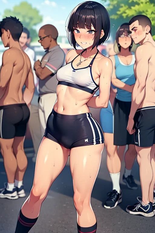 NSFw,((highest quality)), (masterpiece: 1.2), very detailed,(perfect and beautiful posture:1.2),(fullbody shot:1.3,Solo,mature man),(short cut hair,flat chest:1.2), ((confused,embarrassed and blush:1.3)), shyness:1.1, (Sweaty, sunburned skin:1.53), (sexy Sports bra, short Pleated miniskirt:1),(erect nipples:0.4),navel out,(fake smile:1.5), (standing Straight:1.5), sexually,earrings,necklace,pink lips,wide hips, steaming body, show teeth,midriff,At midnight,outside, black long socks,skneakers,thick red lips,drooling,excessive cum,skinny,outdoor,navel out,(tight thigts),heavy breathing,white and blue Track uniform,looking at viewer,mouth open a little,(chubby),tears,slit,((in the crowded Night park)),cum dropped from between legs