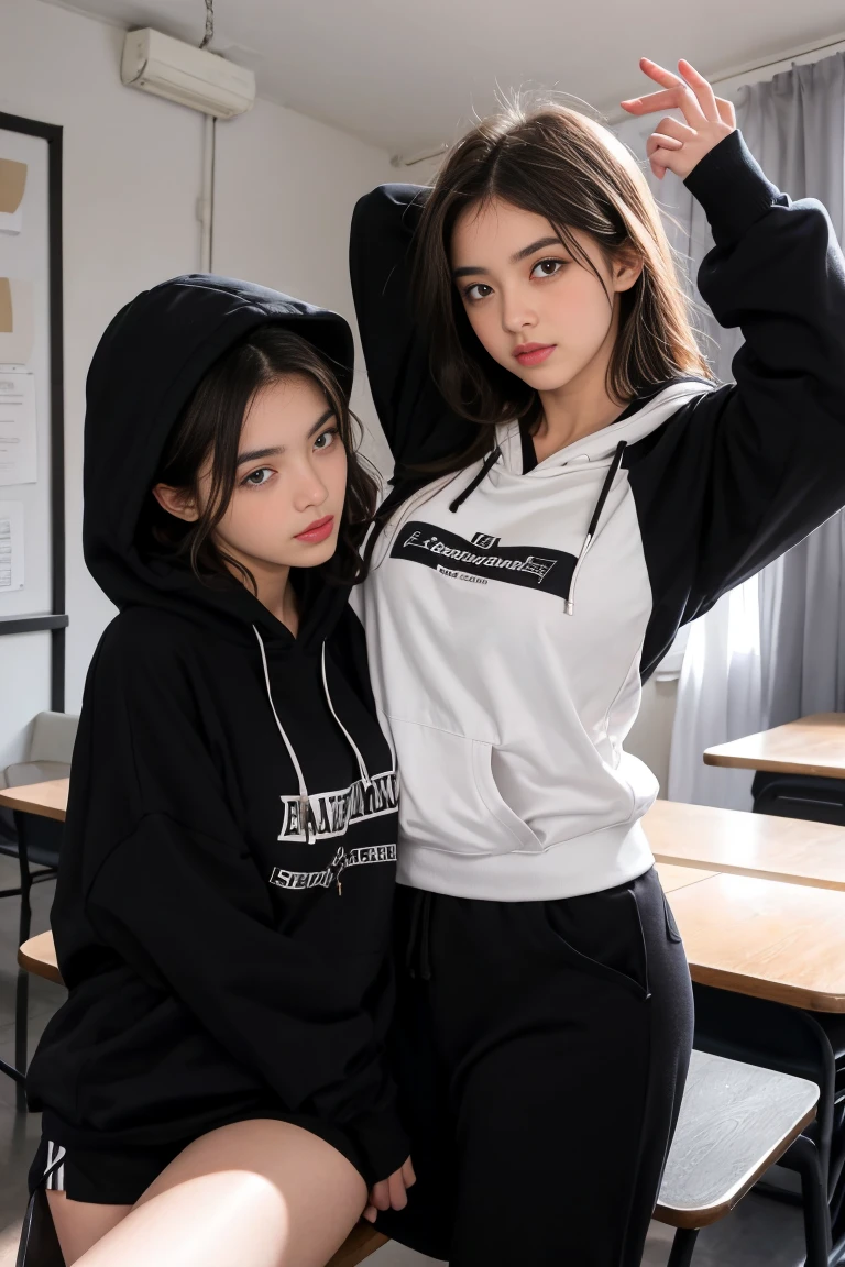 deux femmes ensemble de 18 ans sexy et mince qui se touche , black short sleeve hoodie , dans une salle de classe , position sensuel
